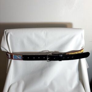 BELT Black Leather with Multicolor Beaded by Hand Accents with Metal Buckle